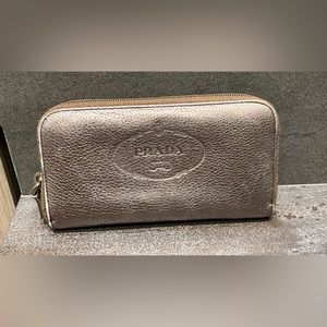 Authentic Prada Preowned Zip Around Wallet, Metallic